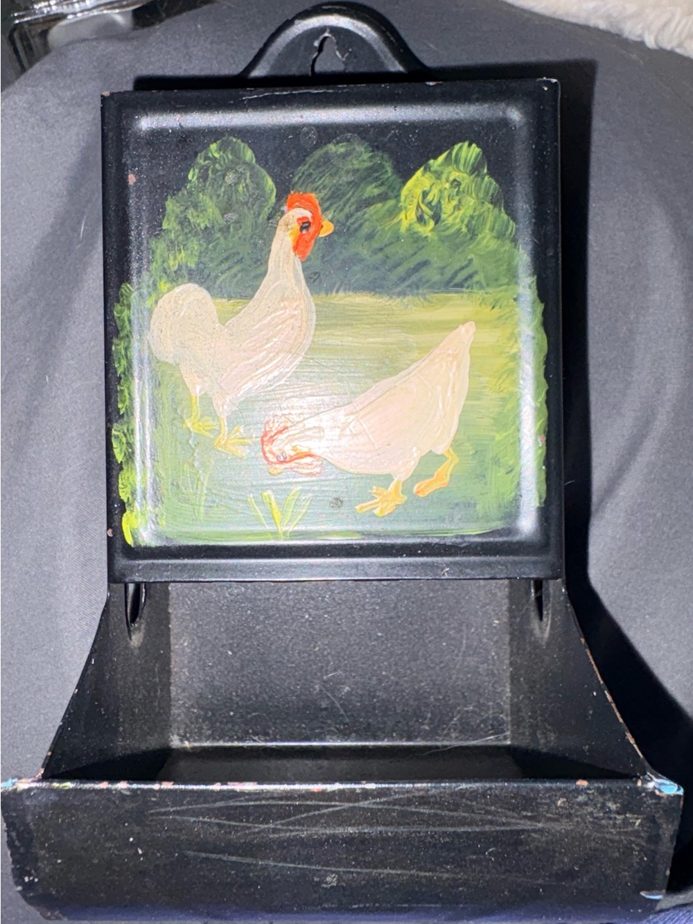 Vintage hand painted one of a kind wall hanging match holder.